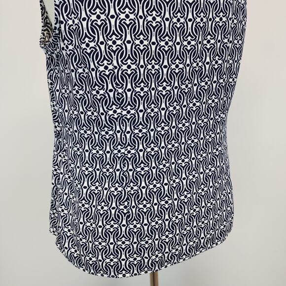 Talbots Front Knot Blouse Size L Blue White Geo Print Sleeveless Mature Office - Picture 9 of 16
